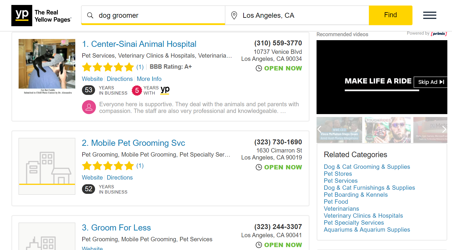 YellowPagesオンラインビジネスディレクトリの例