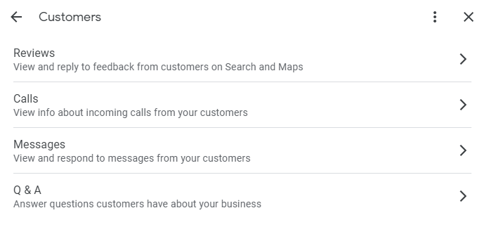 menú de clientes en GBP