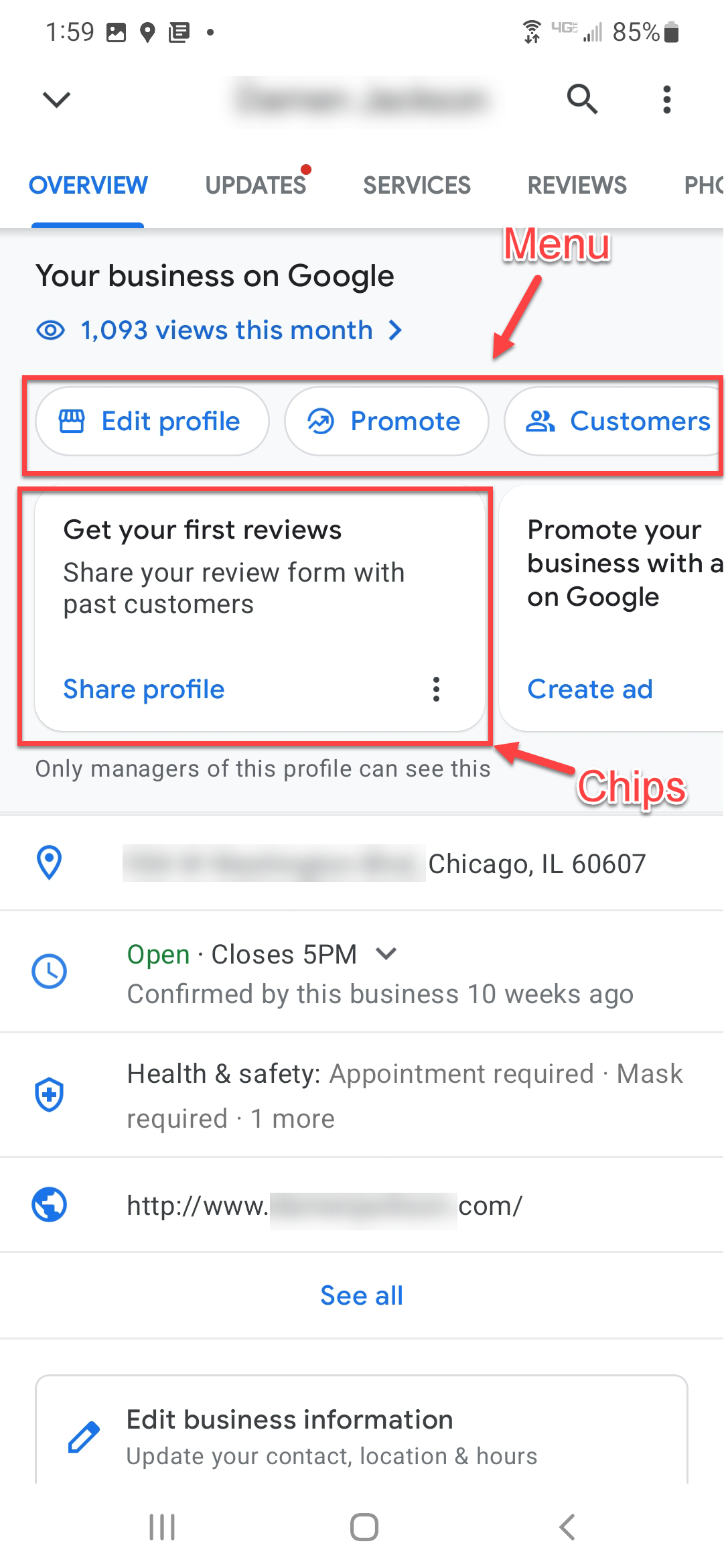 Menú y fichas en la aplicación Maps
