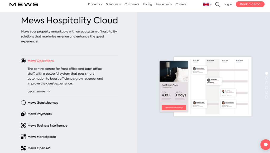 página inicial do software de gestão hoteleira mews