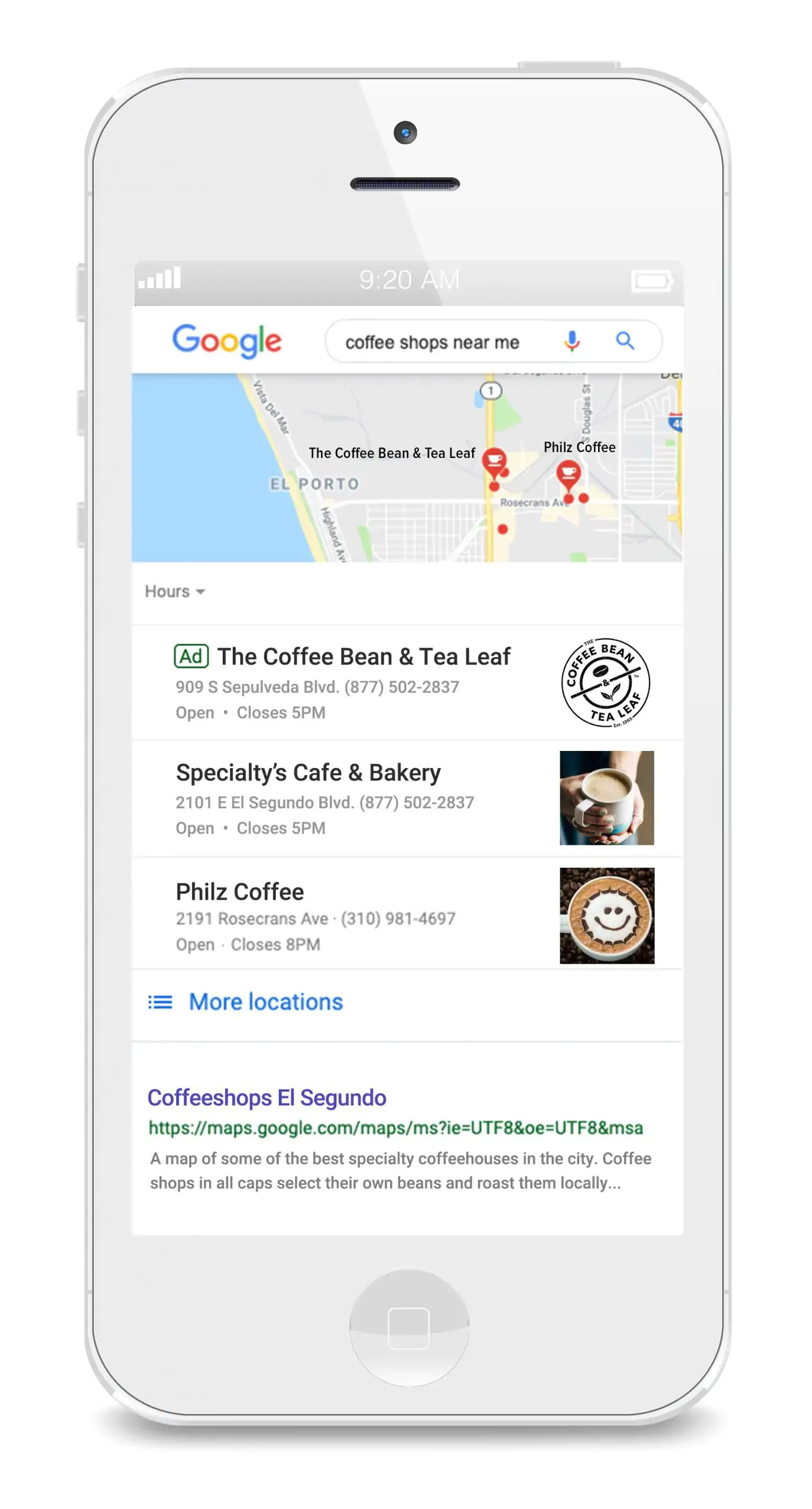 移动设备上的 Google 本地广告系列示例。