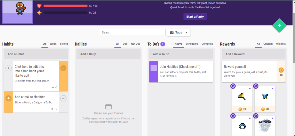 قائمة تحقق بنمط كانبان في تطبيق Habitica على الويب