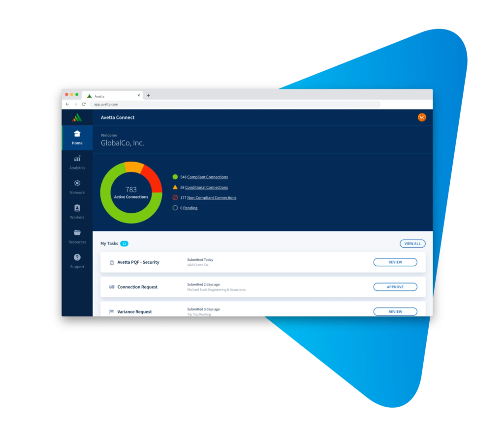 واجهة مستخدم برنامج إدارة مخاطر البناء Avetta للصفحة الرئيسية
