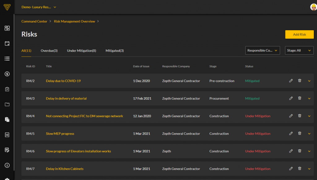 واجهة مستخدم برنامج إدارة مخاطر البناء Zepth نظرة عامة على إدارة المخاطر