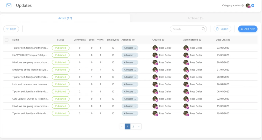 لوحة معلومات Connecteam "Updates" مع وجهات النظر الرئيسية ومقاييس المشاركة.