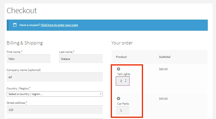 change quantity on the checkout page