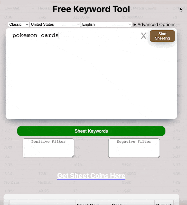 Keyword Sheeter menghasilkan ide kata kunci dari seed.