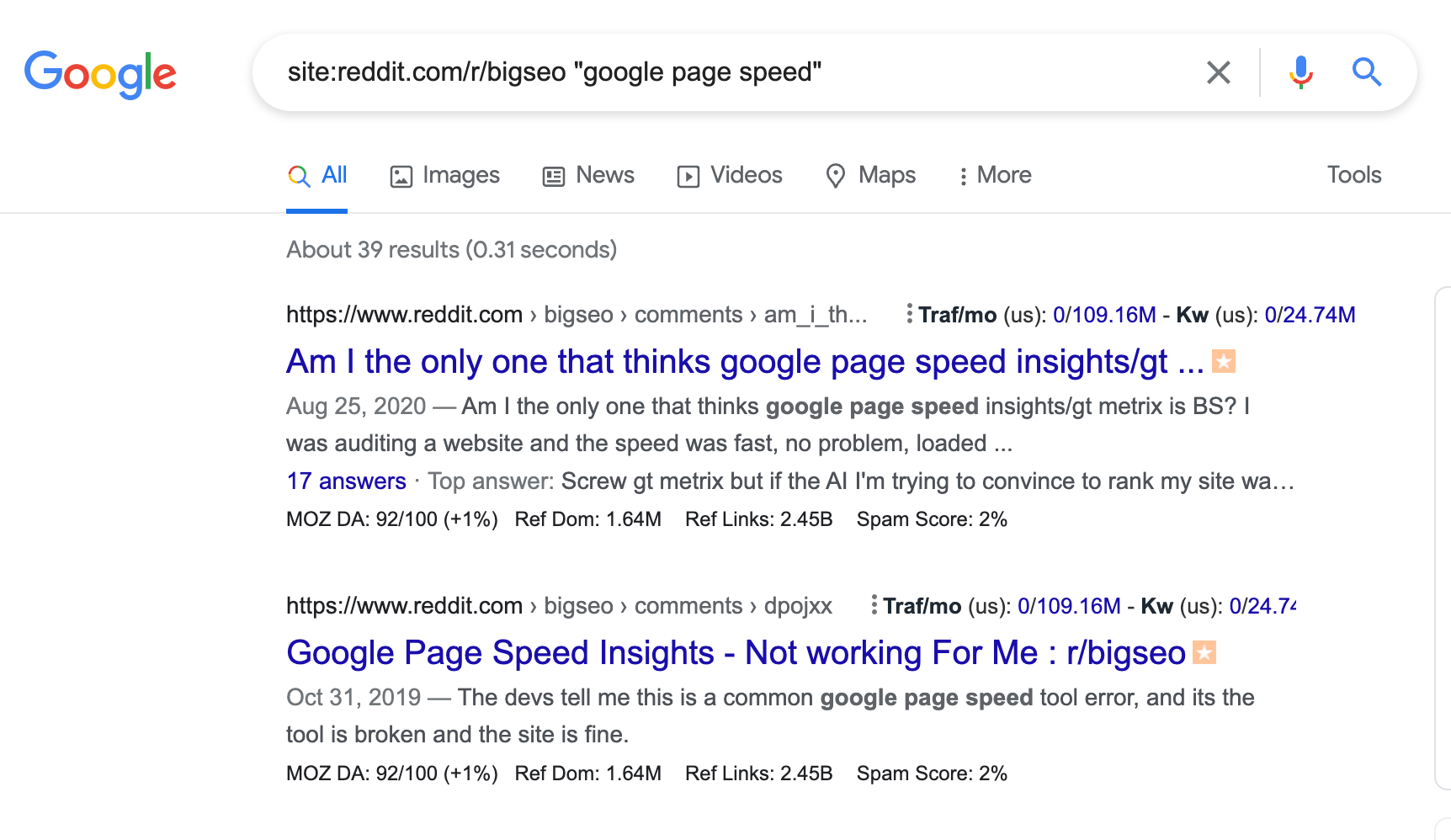 Google SERP pour obtenir plus de contexte sur les idées de mots-clés r/bigseo.