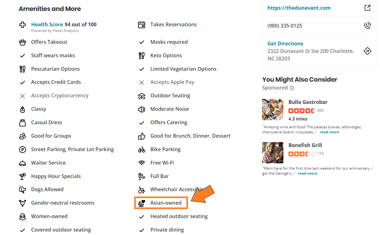Przykład atrybutu Yelp należącego do Azji
