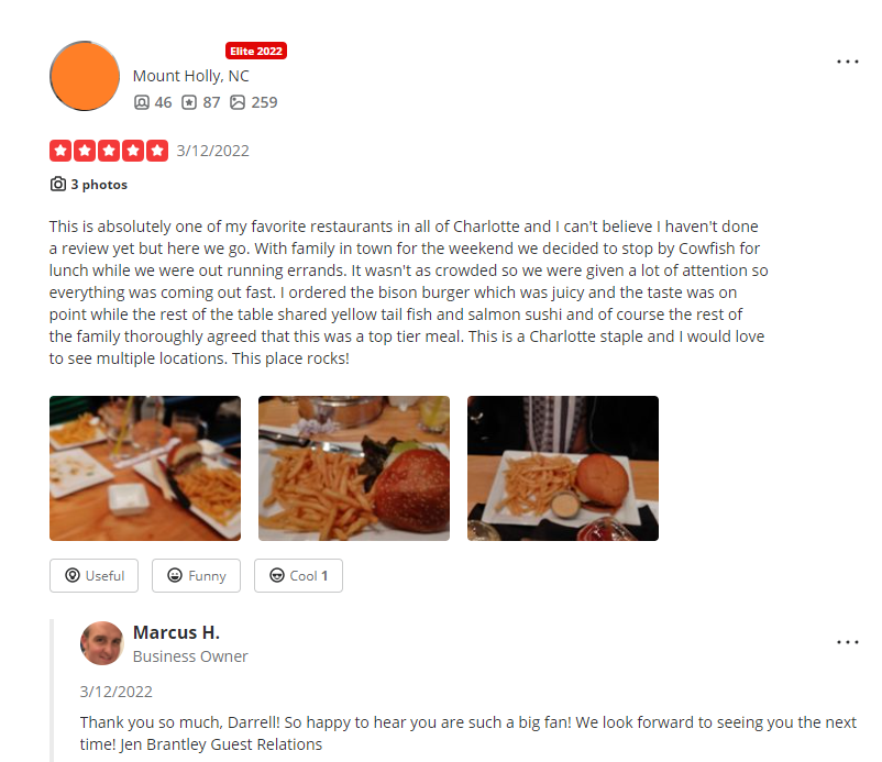 Odpowiedź na recenzję Yelp — przykład pozytywnej recenzji