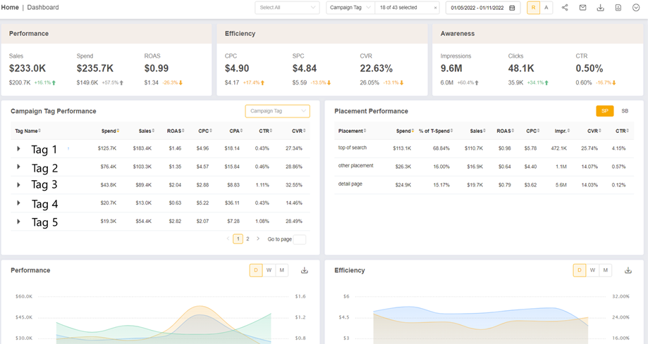 Platzierungsleistung im Pacvue-Dashboard.