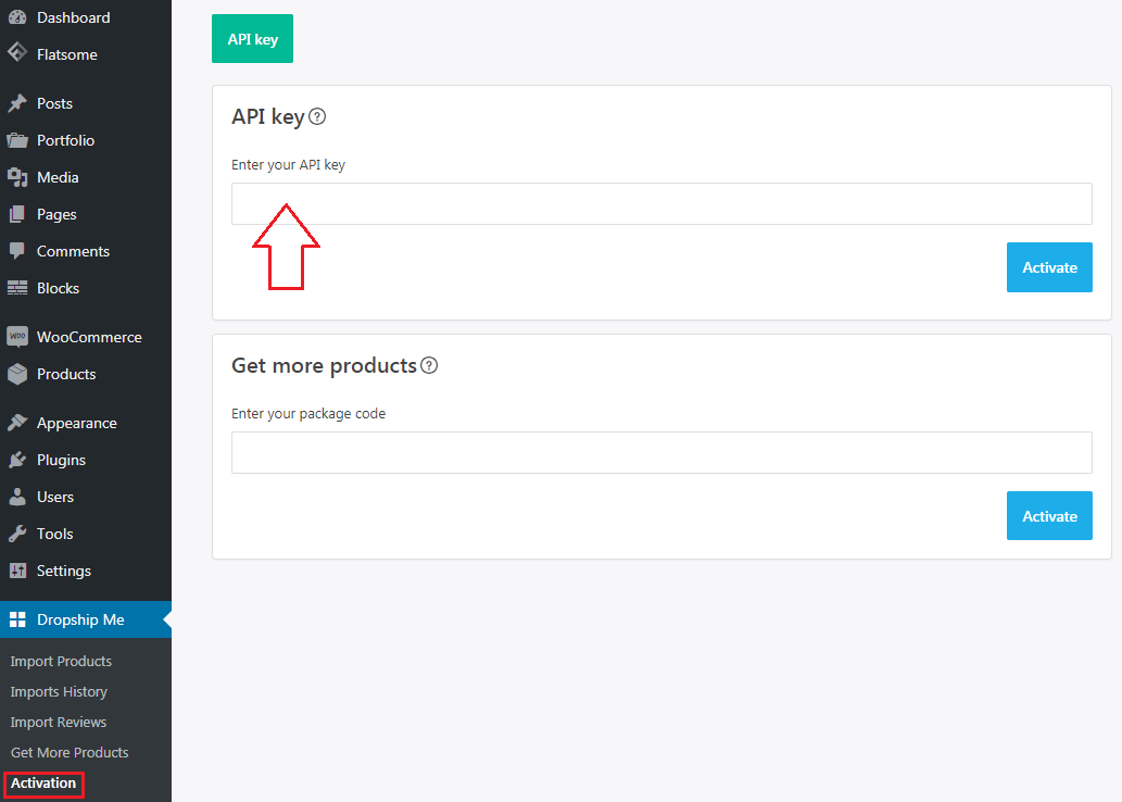 Wprowadź klucz API, aby aktywować DropshipMe
