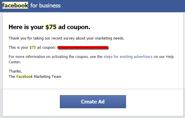 Facebook $75 Ad Coupon from the Facebook marketing team