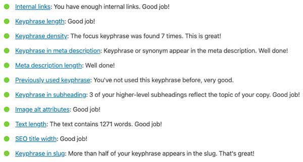 Risultati SEO Yoast che mostrano un buon SEO sulla pagina