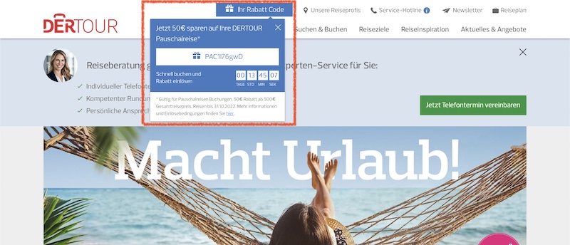 Всплывающий купон на скидку Dertouristik