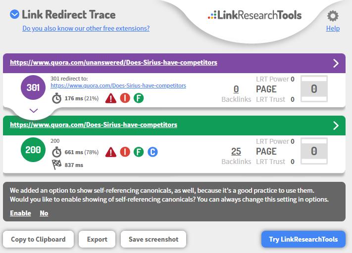 ภาพหน้าจอของ Link Research Tools ที่พิสูจน์แนวทางปฏิบัติที่ดีของ Quora ต่อ URL