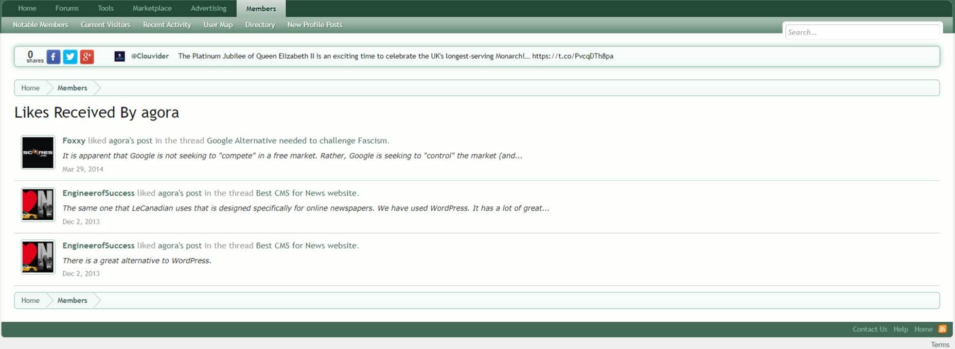 ตัวอย่างรายการไลค์ที่ไร้ประโยชน์ซึ่งผู้เขียนได้รับจาก Digital Point