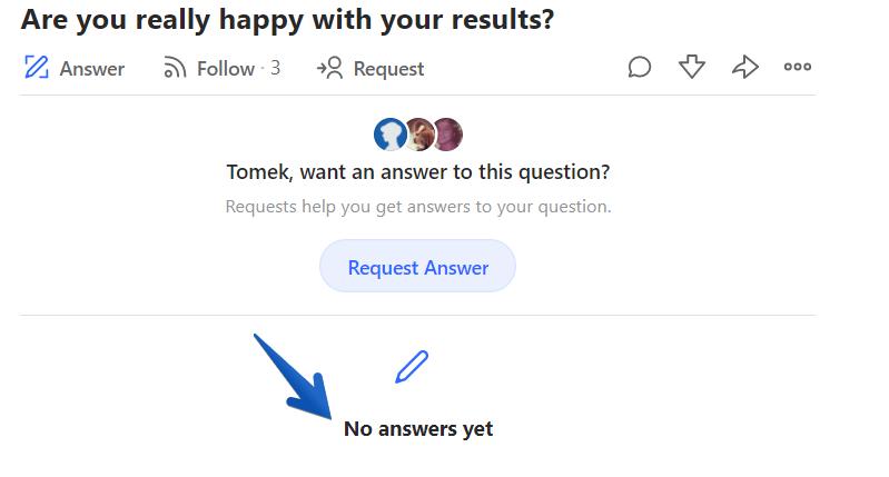 สกรีนช็อตของ Quora ที่แสดงคำถามที่ยังไม่ได้ตอบที่ทำเครื่องหมายไว้ถูกต้อง