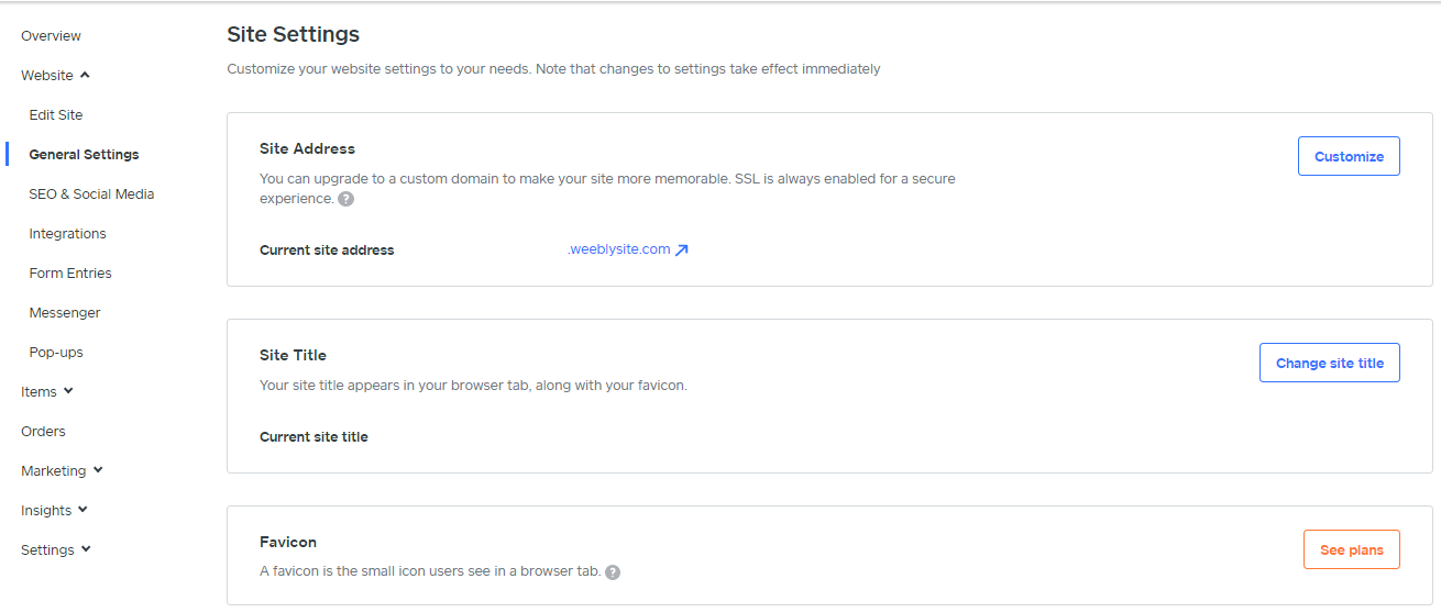 Painel de administração do Weebly