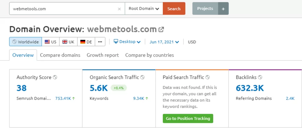 Estatísticas do domínio SEMrush webmetools.com