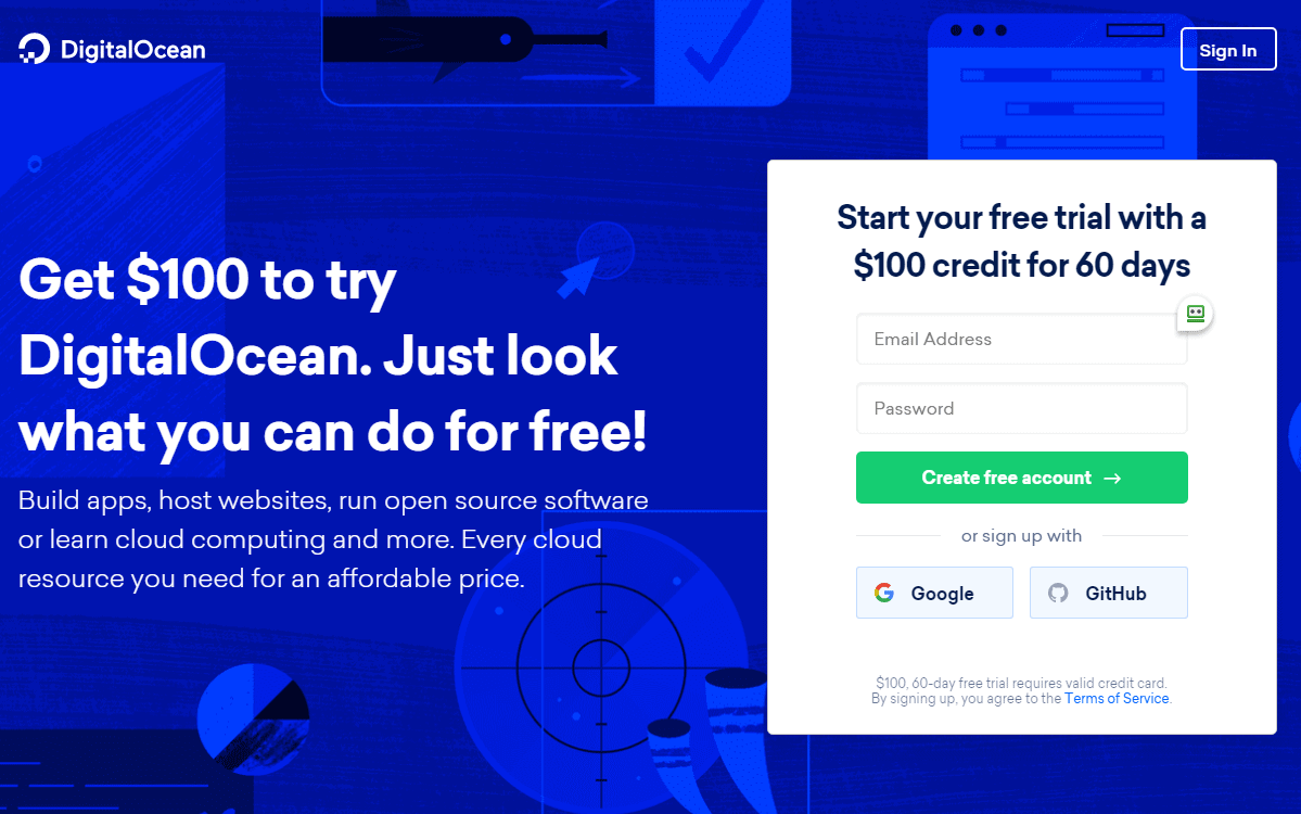 teste gratuito de hospedagem na nuvem digitalocean