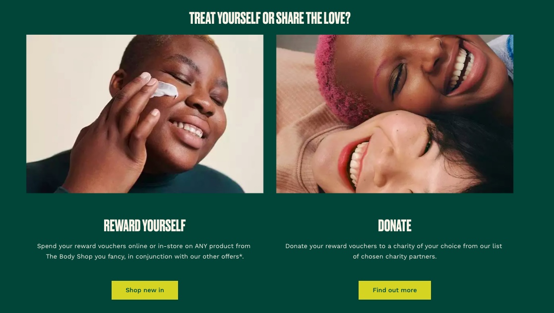 Página do programa de fidelidade de caridade The Body Shop