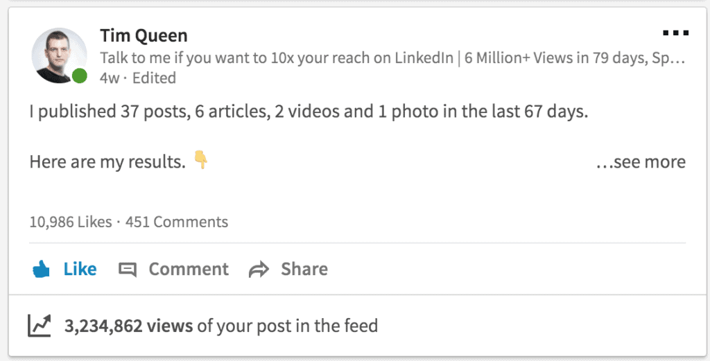 Esta publicación de LinkedIn finalmente alcanzó un máximo de alrededor de 3,5 millones de visitas.