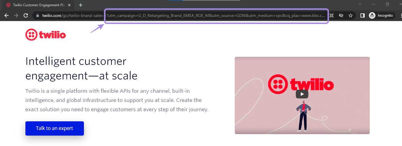 Twilio의 리타게팅 광고는 UTM 매개변수를 사용합니다.