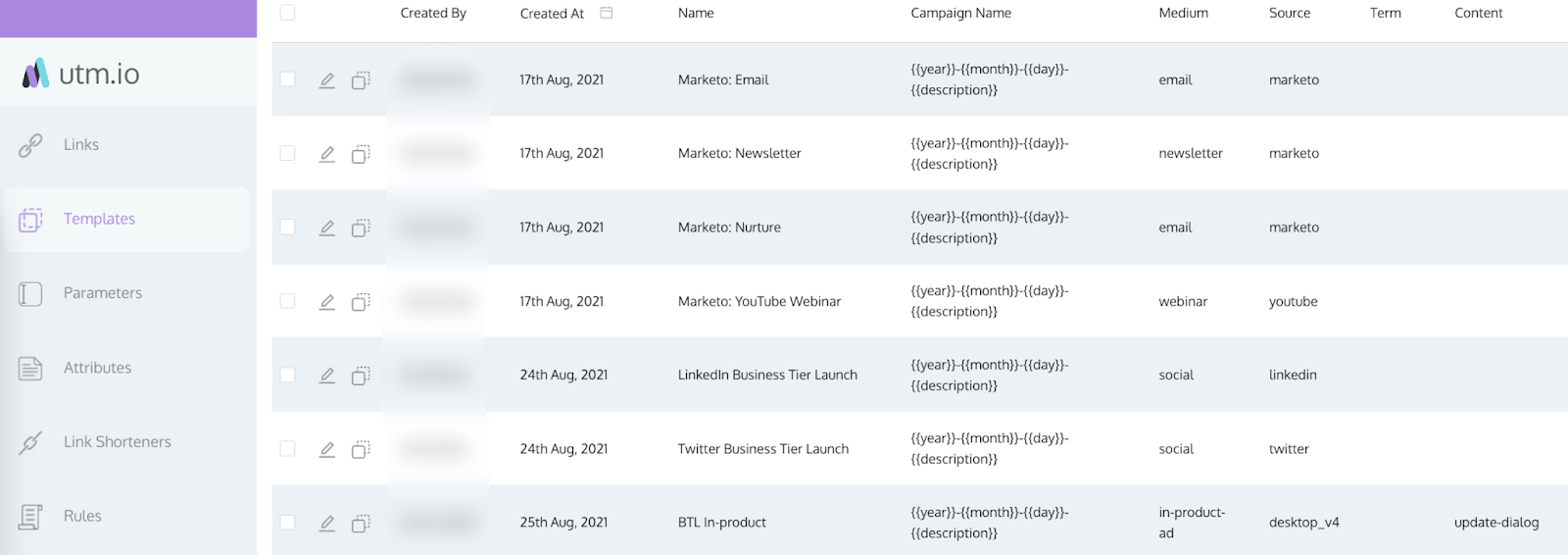 제품 마케팅 UTM 구축을 위한 UTM.io의 템플릿 모듈