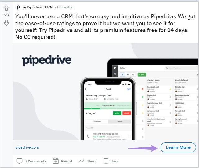UTM 매개변수가 있는 방문 페이지로 연결되는 Reddit의 Pipedrive 광고