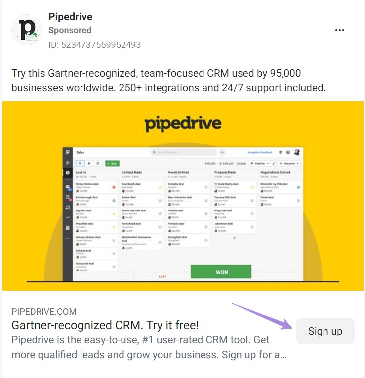 제품 마케팅 캠페인을 위한 Facebook의 Pipedrive 광고