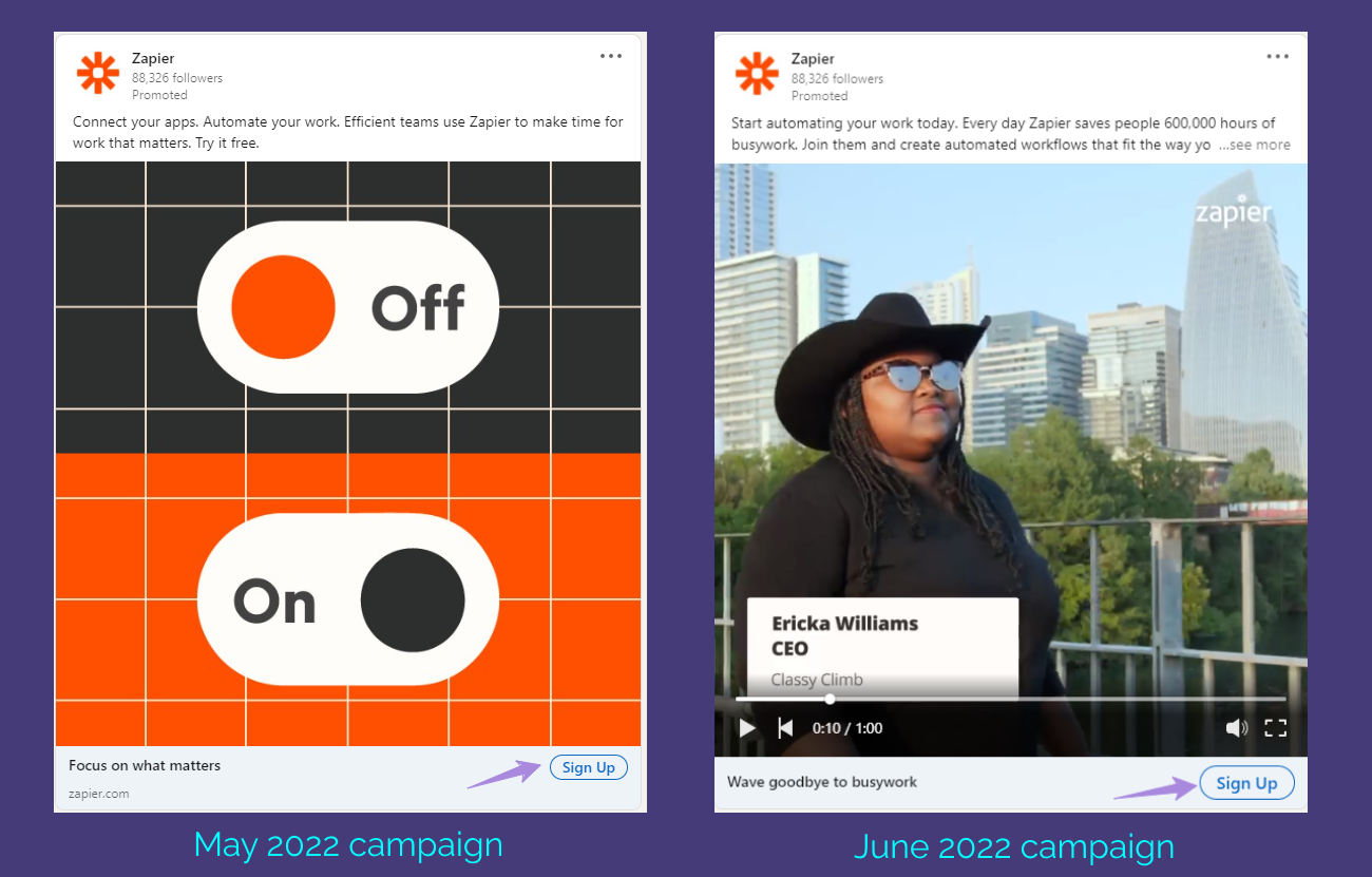 UTM 태그 링크가 있는 LinkedIn의 Zapier 광고 2개