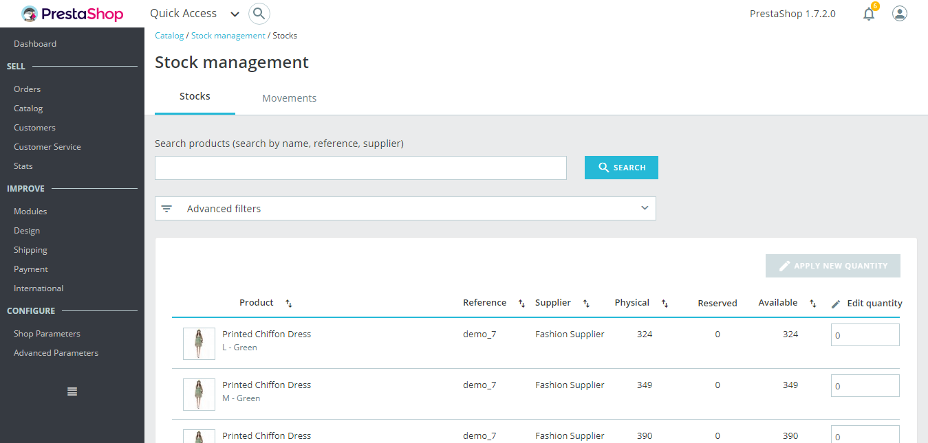 Gestão de estoque Prestashop