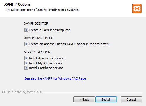 XAMPP Installation Options