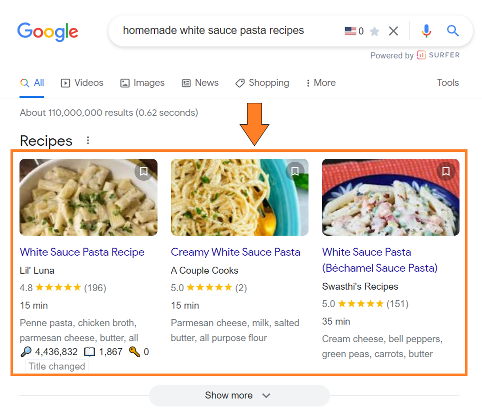 Google'da makarna sosu resim carousels örneği