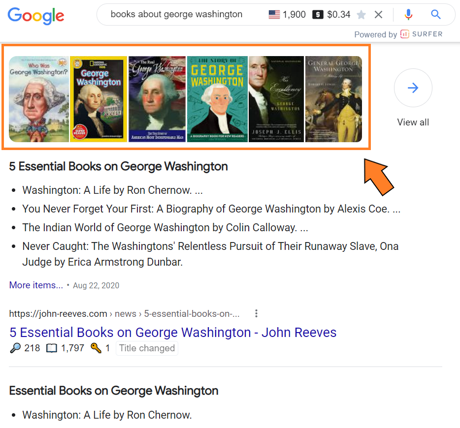 Google Arama'da resim karusellerinin nasıl göründüğüne dair örnek