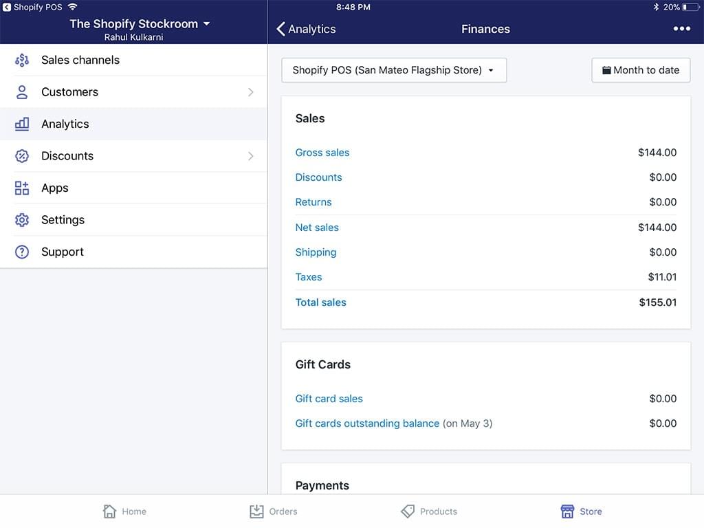Relatório de visão geral do sistema Shopify Pos