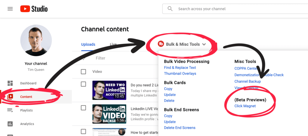 So greifen Sie auf das Click Magnet-Tool von TubeBuddy zu.