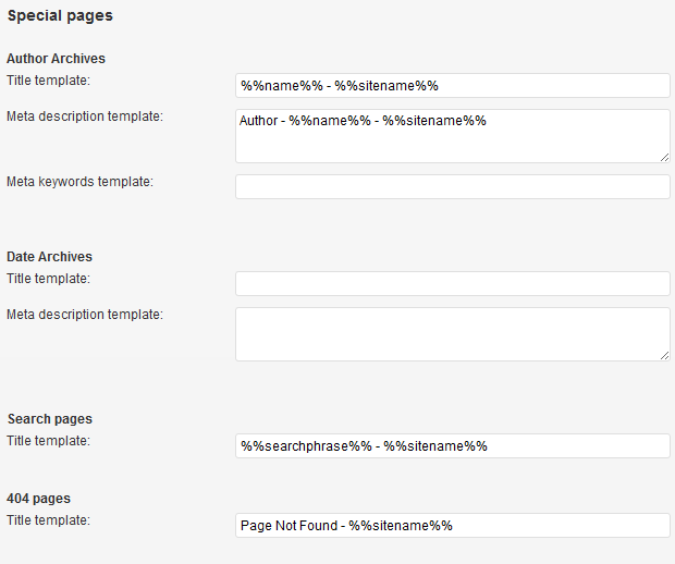 Special Pages - WordPress Seo by Yoast Settings