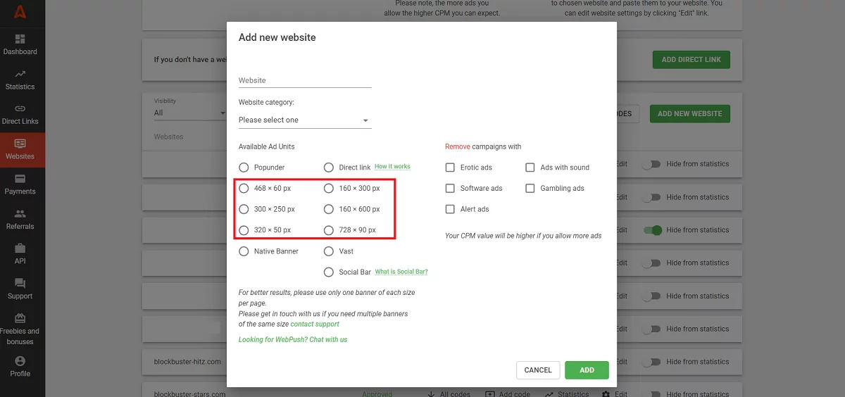 أحجام لافتة Adsterra يمكنك الاختيار من بينها